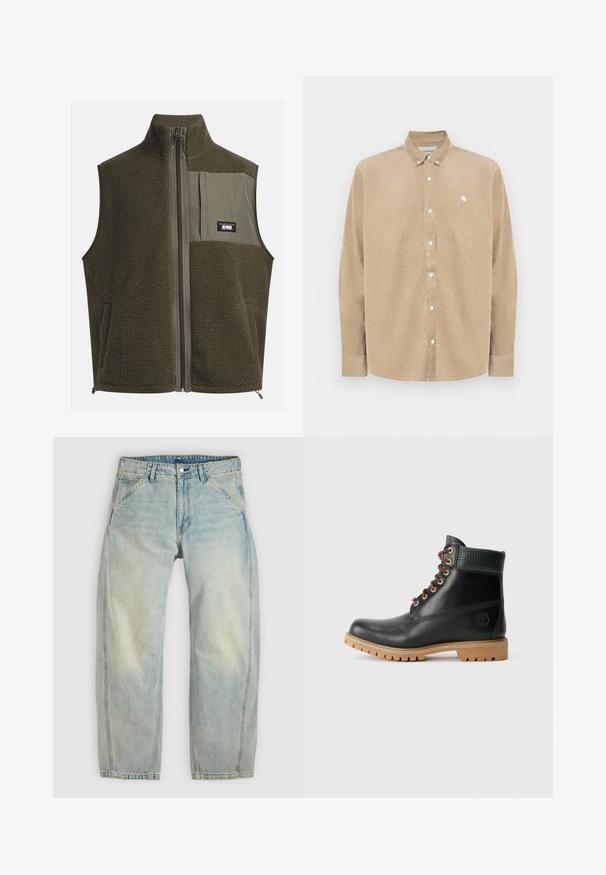 Gilet en polaire de couleur vert olive foncé avec un col haut, fermeture éclair et poche sur la poitrine gauche. Il présente un tissu texturé et des poches latérales.; Chemise beige en velours côtelé avec col, boutons blancs et petit logo sur la poitrine gauche. Présente des manches longues et une coupe droite.; Jean large couleur bleu clair en denim. Comprend cinq poches, une fermeture par bouton et des zones délavées pour un aspect usé.; Botte de cheville noire en cuir avec des lacets marron, col rembourré vert et semelle en caoutchouc beige avec des rainures profondes, vue de côté sur fond blanc.
