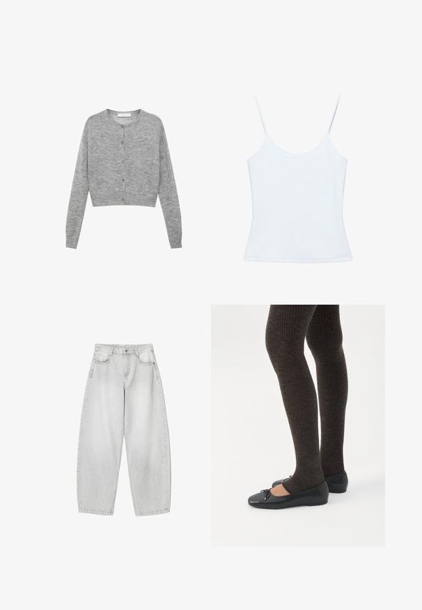 Cardigan gris court en matière douce, avec manches longues, col rond et fermeture par boutons à l'avant.; Camisole blanche pour femme avec fines bretelles spaghetti et un design ajusté et sobre.; Jeans à large jambe de couleur gris clair en denim, avec des poches avant, une taille à bouton et une finition légèrement délavée.; Jambes portant des leggings côtelés foncés associés à des ballerines noires avec de petits détails en nœud sur fond blanc.