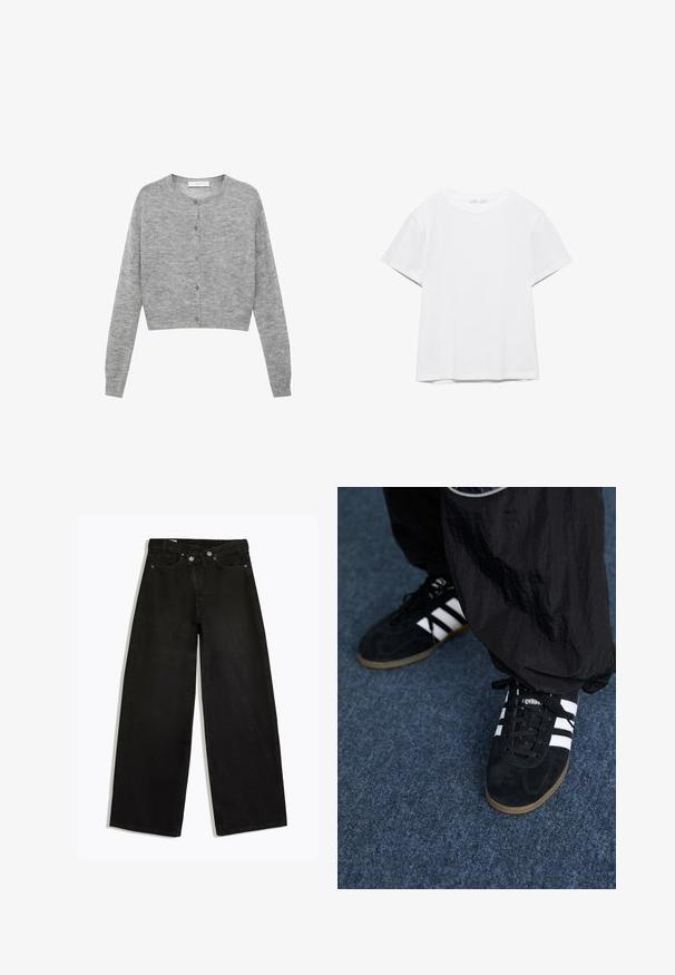 Cardigan gris court en matière douce, avec manches longues, col rond et fermeture par boutons à l'avant.; T-shirt blanc uni à manches courtes et col rond, avec un ourlet droit, présenté sur un fond blanc.; Jean noir taille haute à jambes larges avec fermeture boutonnée et à glissière, passants de ceinture et design cinq poches, présenté à plat sur fond blanc.; Des chaussures de sport en suède noir avec trois rayures blanches et des lacets noirs. Un pantalon noir texturé est partiellement visible à côté des chaussures.