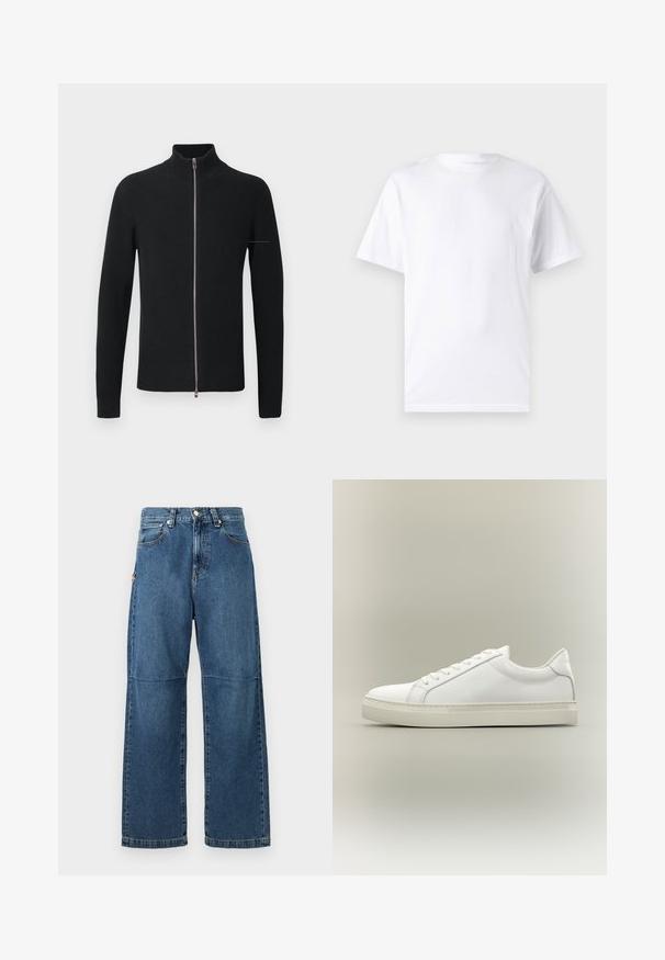 Sort ribbede striktrøje med høj krave og fuldlængde lynlås, der har lange ærmer og en elegant silhuet.; Hvid kortærmet t-shirt lavet af bomuld med rund hals, der har en glat tekstur og et simpelt design uden mønstre eller accenter.; Blå denim jeans med afslappet pasform, lige ben, synlige sømme og lukkes med en knap foran. Har en sidelomme med accent.; Hvid lavtop sneaker med snørebånd foran og tyk sål, vist fra siden mod en neutral baggrund.