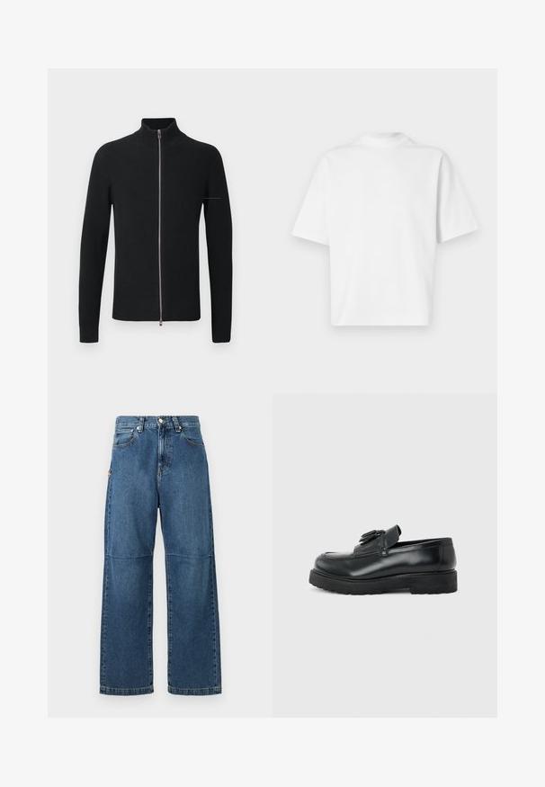 Sort ribbede striktrøje med høj krave og fuldlængde lynlås, der har lange ærmer og en elegant silhuet.; Simpel hvid oversized T-shirt med korte ærmer og høj rund halsudskæring på en hvid baggrund.; Blå denim jeans med afslappet pasform, lige ben, synlige sømme og lukkes med en knap foran. Har en sidelomme med accent.; Sort læderloafer med kvaster, tyk gummisål og lav hæl, vist i sideprofil på en ensfarvet baggrund.