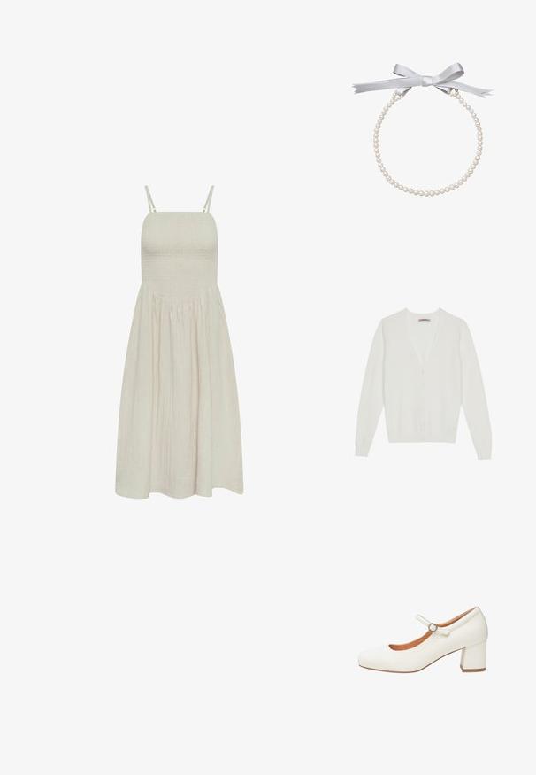 Cárdigan blanco hecho de material suave, con un diseño de cuello en V, cierre de botones y mangas largas con puños y dobladillo de punto ribeteado.; Vestido sin mangas beige claro con corpiño fruncido, tirantes finos ajustables y falda midi fruncida.; Zapato Mary Jane de cuero blanco con punta redondeada, correa ajustable con hebilla plateada y tacón medio grueso. Textura lisa.; Collar de perlas con una superficie blanca suave, presenta perlas de tamaño uniforme y un lazo de satén gris claro en ambos extremos.