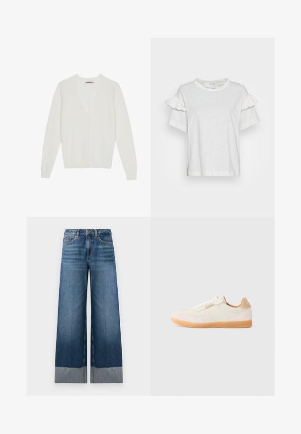 Cárdigan blanco hecho de material suave, con un diseño de cuello en V, cierre de botones y mangas largas con puños y dobladillo de punto ribeteado.; Camiseta corta de manga corta blanca hecha de tejido ligero, con detalles de volantes en las mangas y un escote redondo. Diseño simple y limpio.; Vaqueros de pierna ancha en azul con un degradado de denim oscuro a claro, presentando un dobladillo sin acabar y sutilezas en los detalles de costura. Diseño clásico de cinco bolsillos.; Zapatillas de color beige claro con una combinación de texturas suaves y de ante, que incluyen cordones, suelas de goma y un acento en el talón de color marrón.