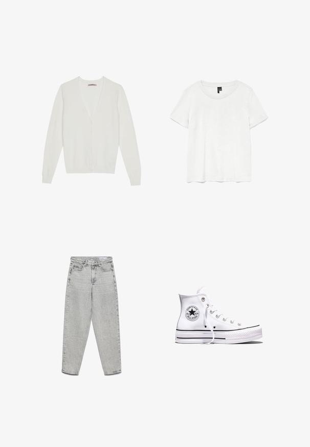 Cárdigan blanco hecho de material suave, con un diseño de cuello en V, cierre de botones y mangas largas con puños y dobladillo de punto ribeteado.; Camiseta blanca de manga corta con un cuello redondo, hecha de tejido ligero. Diseño simple, textura suave y dobladillo recto.; Vaqueros rectos de talle alto en gris claro, con bolsillos delanteros, trabillas para cinturón y cierre de cremallera.; Zapatilla Converse Chuck Taylor All Star blanca de caña alta con rayas negras y parche de logo en el lateral, mostrada sobre un fondo blanco liso.