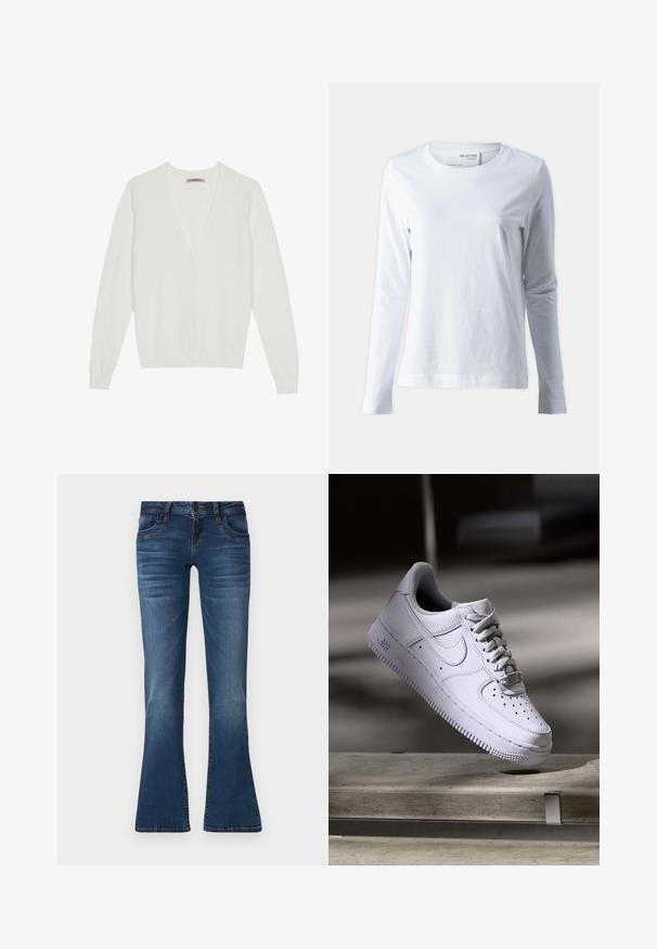 Cárdigan blanco hecho de material suave, con un diseño de cuello en V, cierre de botones y mangas largas con puños y dobladillo de punto ribeteado.; Camiseta blanca de manga larga hecha de algodón suave. Presenta un cuello redondo y mangas ajustadas. Textura suave con un diseño liso.; Jeans de mezclilla azul con pierna ligeramente acampanada, cierre frontal de botón, bolsillos y un sutil desgastado en los muslos y las rodillas.; Zapatilla Nike Air Force 1 blanca levitando sobre una superficie de hormigón con sombras en un entorno minimalista.