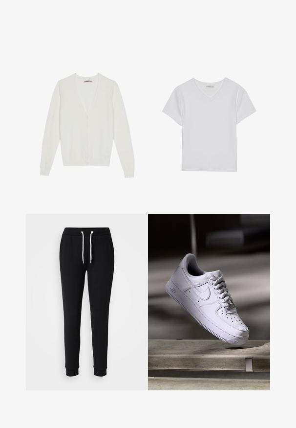 Cárdigan blanco hecho de material suave, con un diseño de cuello en V, cierre de botones y mangas largas con puños y dobladillo de punto ribeteado.; Camiseta blanca de manga corta y cuello en V, hecha de tela acanalada. Presenta un diseño limpio con un dobladillo recto y un detalle mínimo.; Pantalones deportivos negros con cintura ajustable, acentos de cordón blanco, piernas ajustadas y puños acanalados. Fabricados con un tejido suave y cómodo.; Zapatilla Nike Air Force 1 blanca levitando sobre una superficie de hormigón con sombras en un entorno minimalista.