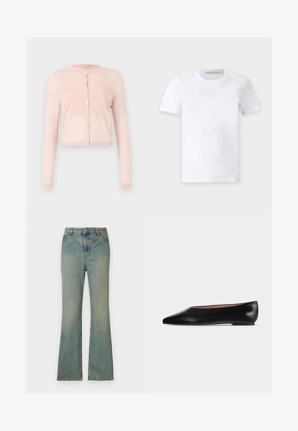 Cárdigan corto rosa fabricado en tejido de punto suave, con mangas largas y cuello redondo. Seis botones en la parte delantera y puños acanalados.; Camiseta blanca lisa de manga corta con cuello redondo y una pequeña etiqueta de la marca en el interior del cuello que dice "Tiger of Sweden."; Vaqueros de campana de denim azul claro con cintura alta, cinco bolsillos y cremallera. Acabado limpio y deslavado con detalles de costura sutiles.; Zapato plano negro de cuero para mujer con punta puntiaguda y tacón bajo, mostrado de lado sobre un fondo liso gris claro.
