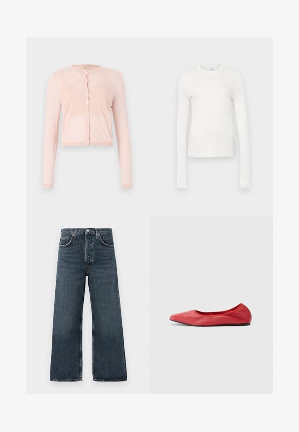 Cárdigan corto rosa fabricado en tejido de punto suave, con mangas largas y cuello redondo. Seis botones en la parte delantera y puños acanalados.; Camiseta blanca de manga larga hecha de algodón suave. Presenta un escote redondo, silueta ajustada y textura suave. Sin patrones ni acentos.; Jeans de pierna ancha de mezclilla oscura con cierre de botón y cremallera, que cuentan con cinco bolsillos y un sutil desgaste en la tela.; Filippa K REY FLATS - Bailarinas - bright red