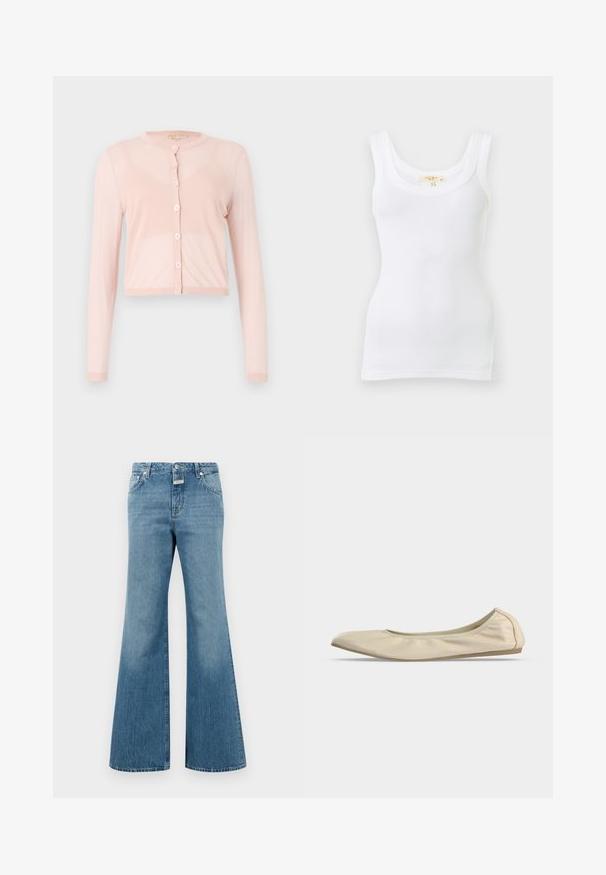 Roze, geknipte cardigan van zacht gebreid materiaal, met lange mouwen en een ronde halslijn. Zes knopen aan de voorkant met ribgebreide manchetten.; Witte geribde mouwloze tanktop met ronde hals, plat gelegd tegen een lichte achtergrond.; Lichtblauwe spijkerbroek met flare, met een middelhoge taille, voorzien van voorzakken, een enkele knoopsluiting en subtiele slijtage-details.; Beige zachte leren ballerina met afgeronde neus, laag uitgesneden zijprofiel en slanke rubberen zool op een effen witte achtergrond.