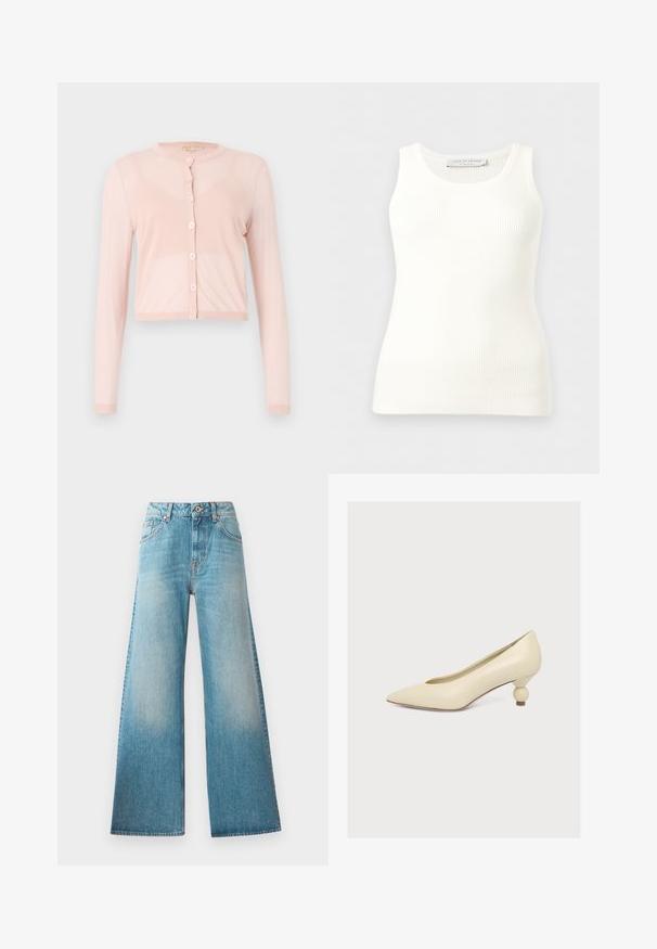 Roze, geknipte cardigan van zacht gebreid materiaal, met lange mouwen en een ronde halslijn. Zes knopen aan de voorkant met ribgebreide manchetten.; Witte geribbelde mouwloze tanktop met ronde hals, aansluitende pasvorm en merkembleem aan de binnenkant van de achterkant van de kraag.; Lichtblauwe denim wijde pijpen jeans met een hoge taille, vijf zakken ontwerp en subtiele vervaging langs de bovenbenen. Koperen hardware-details.; Crèmekleurige pumps met een spitse neus, een korte, ronde gestapelde hak en een gladde matte afwerking op een effen lichte achtergrond.