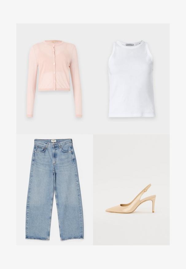Roze, geknipte cardigan van zacht gebreid materiaal, met lange mouwen en een ronde halslijn. Zes knopen aan de voorkant met ribgebreide manchetten.; Witte geribbelde tanktop met een ronde halslijn, mouwloos ontwerp en een klein logo op de voorkant. Gladde textuur en getailleerde pasvorm.; Agolde Baggy jeans - light-blue denim; Nude gepatineerd leren slingbackhak met een spitse neus, open vamp en een dunne stilettohak. Bevat een ronde gouden accent op de band.