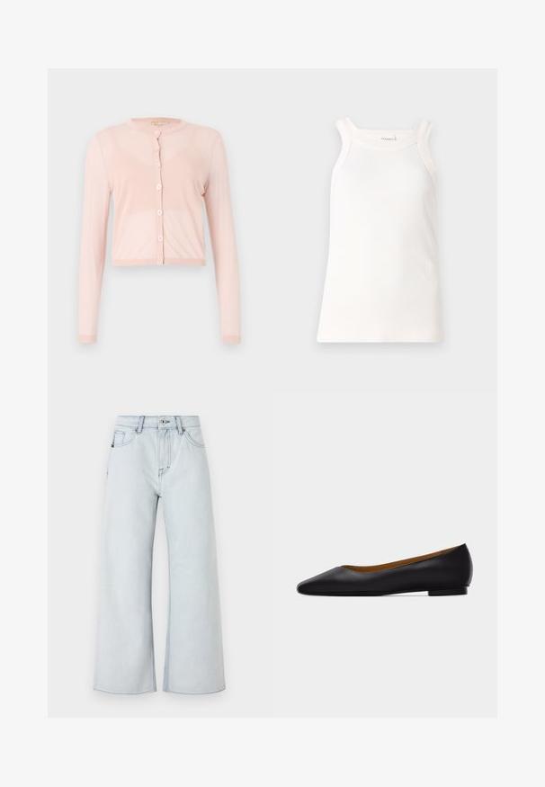 Roze, geknipte cardigan van zacht gebreid materiaal, met lange mouwen en een ronde halslijn. Zes knopen aan de voorkant met ribgebreide manchetten.; Witte geribbelde tanktop met een ronde halslijn en brede schouderbanden. Bevat een subtiele logodetail op de zoom. Zacht materiaal met een aansluitende pasvorm.; Lichtblauwe jeans met een wijde pijp ontwerp, gemaakt van denim. Voorzien van een vijf-pocketstijl, riemlussen en een knoopsluiting.; Zwarte leren puntschoen met lage hak en gladde afwerking, zijaanzicht op een lichtgrijze achtergrond.