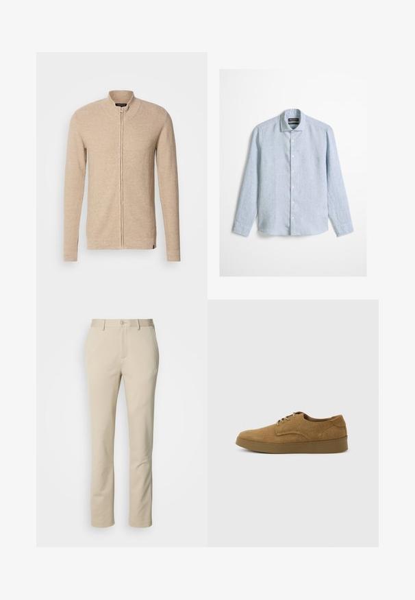 Cardigan zippé beige avec un col montant, des manches longues, un tissu tricoté texturé et des accents côtelés subtils sur les poignets et l'ourlet.; Chemise bleu clair à manches longues avec boutons et col classique, en tissu texturé, présentée sur un fond uni.; Pantalons en coton beige avec une coupe droite, fermeture à bouton et devant plat. Le matériau a une texture lisse et un minimum de détails.; Chaussure décontractée à lacets en daim marron avec semelle en caoutchouc plate, vue de côté sur un fond clair uni.