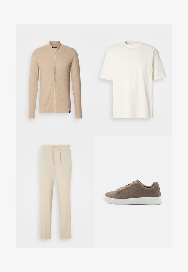 Cardigan zippé beige avec un col montant, des manches longues, un tissu tricoté texturé et des accents côtelés subtils sur les poignets et l'ourlet.; T-shirt uni à col rond, à manches courtes, de couleur blanc cassé, design unisexe, présenté sur un fond gris neutre.; Pantalons beiges à taille élastique avec cordon de serrage. Comprend des jambes droites et une texture lisse, adaptés pour un usage décontracté ou pour se détendre.; Baskets en daim marron avec des semelles en caoutchouc blanc plat, design lacé, bout rond et texture lisse. Style minimaliste avec des détails de couture subtils.