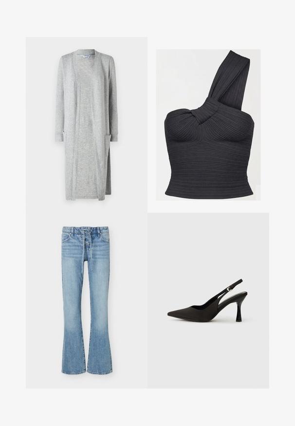 Cardigan long gris en tissu doux et texturé, avec un design ouvert à l'avant et deux poches à soufflet sur les côtés avant.; Haut court noir côtelé à une épaule, avec détail de bretelle torsadée et silhouette ajustée.; Jean flare en denim bleu clair avec fermeture à lacets sur le devant, cinq poches et passants de ceinture, présentant des détails délavés sur les cuisses et les genoux.; Chaussures à talons noires avec une bride, à bout pointu, finition mate lisse et talon fin brillant. Sangle ajustable avec petit détail de boucle.