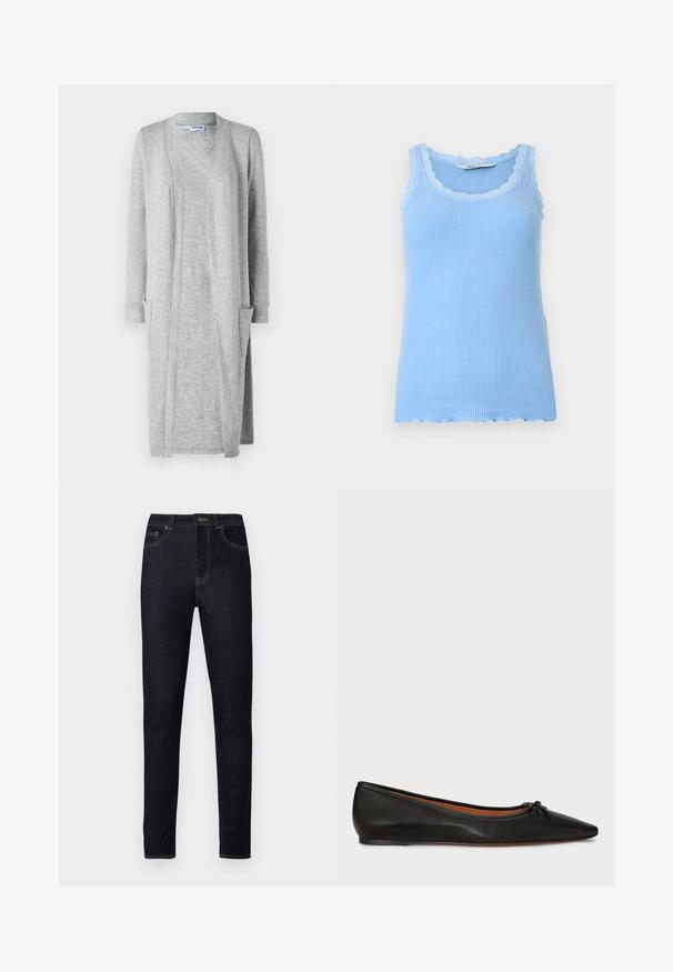 Grå lang cardigan lavet af blødt, struktureret stof, med åben frontdesign og to påsyede lommer på forsiden.; Lyseblå ribbet tanktop med blondekant omkring halsudskæring og ærmegab, ærmeløs med bølget kant.; Mørkeblå denimjeans med en slank pasform, der har orange syninger, knaplukning og traditionelt design med fem lommer.; Sorte læderballetflade med spids tå, slank silhuet og en lille sløjfedetalje på forsiden. Glat tekstur og minimalistisk design.