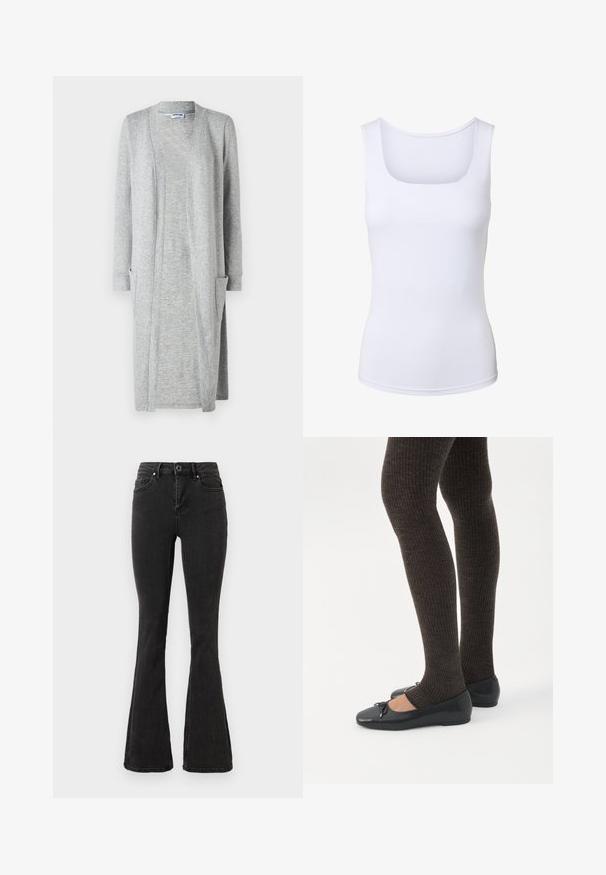 Cardigan long gris en tissu doux et texturé, avec un design ouvert à l'avant et deux poches à soufflet sur les côtés avant.; Débardeur blanc sans manches avec un col carré, une silhouette ajustée et une texture de tissu lisse.; Jean flare taille haute noir avec fermeture à boutons et zip devant, poches avant et arrière, et ourlets droits surpiqués.; Jambes portant des leggings côtelés foncés associés à des ballerines noires avec de petits détails en nœud sur fond blanc.