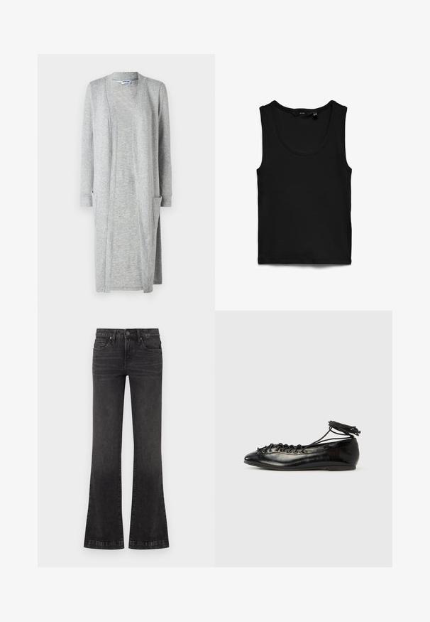 Grå lang cardigan lavet af blødt, struktureret stof, med åben frontdesign og to påsyede lommer på forsiden.; Sort ribbet ærmeløs tanktop med rund halsudskæring, lagt fladt på hvid baggrund.; Sorte, afblegede bootcut-jeans med knap foran, lynlås og femlomme-design på ensartet hvid baggrund.; Sorte balletflade sko i laklæder med rundet tå, snørelukning og flad sål. Glat tekstur med få detaljer.