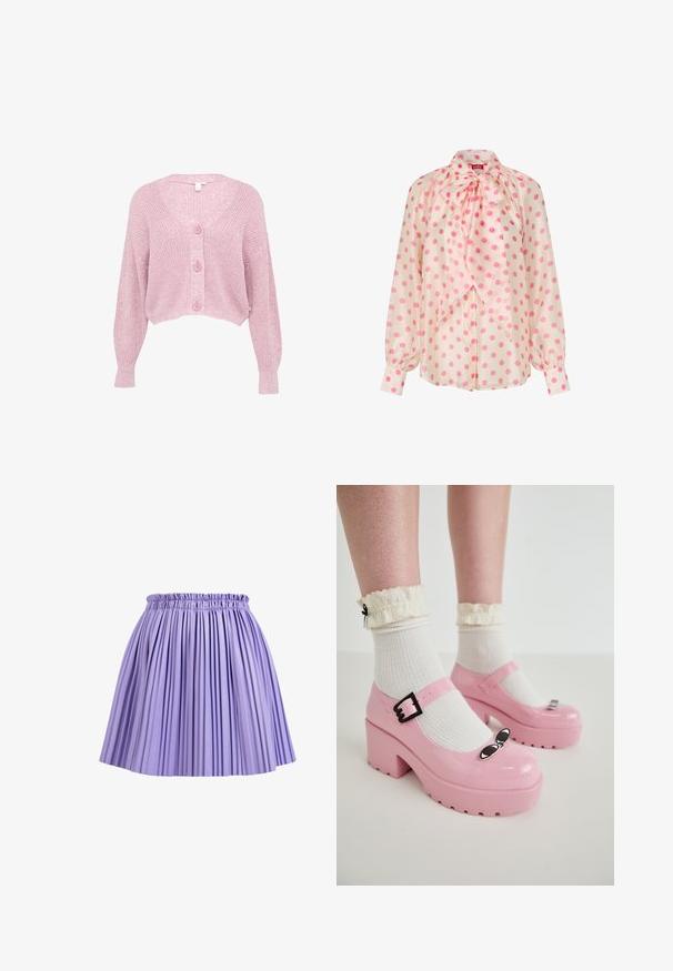 Cardigan court rose avec un col en V, des manches longues et un motif tricoté texturé, comportant quatre boutons à l'avant et des poignets côtelés.; Blouse crème à pois rose vif, manches longues, poignets boutonnés, avec un grand nœud papillon au col.; Jupe plissée violette avec une taille élastique, fabriquée en tissu doux, présentant des plis verticaux et une longueur courte.; Des chaussures à plateforme en vernis rose avec un bout arrondi, une boucle ajustable et des accents en forme d'œil de chat noir, associées à des chaussettes blanches à côtes avec des bords froncés.