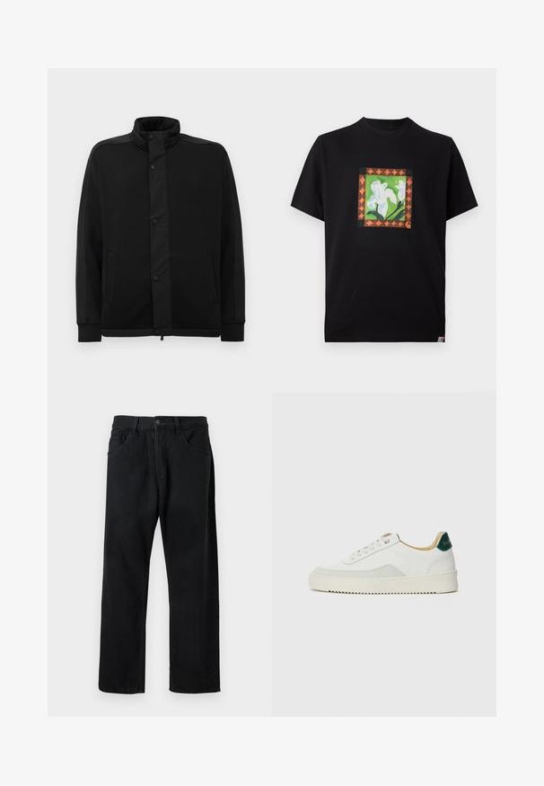 Zwarte jas met hoge kraag, drukknoopsluitingen en contrasterende stofpanelen. Bevat twee zijzakken en geribde manchetten voor een strakke pasvorm.; Zwart T-shirt met korte mouwen met een centraal vierkant grafisch ontwerp van witte bloemen, groene stengels en een oranje geometrische rand.; Zwarte jeans van denim, met een klassieke vijf-pocketontwerp, rechte pijpen en een knoopsluiting. Gladde textuur, geen zichtbare patronen.; Witte sneaker met suède accenten, ronde neus, platte veters en een crème rubberen zool. Bevat groene branding op de hiel.