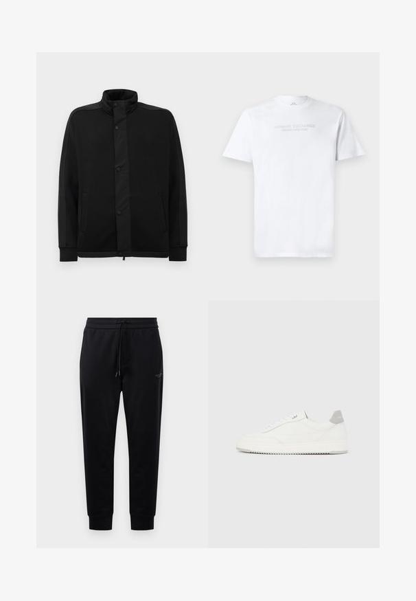 Sort jakke med høj krave, trykknapper og kontrasterende stofpaneler. Har to sidelommer og ribbede manchetter for et tætsiddende look.; Hvid bomulds T-shirt med rund halsudskæring, korte ærmer og prægede "ARMANI EXCHANGE MILANO/NEW YORK" logo på fronten.; Sorte sweatpants med snoretræk i taljen, sidelommer og ribbede manchetter. Fremstillet af blødt stof, med en diskret logo-detalje på låret.; Hvid lavtop-sneaker med gråt hælflig, hvide snørebånd og tekstureret sål, vist på en ensfarvet lys baggrund.