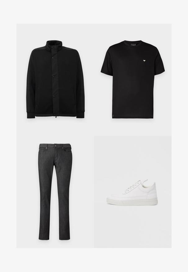 Sort jakke med høj krave, trykknapper og kontrasterende stofpaneler. Har to sidelommer og ribbede manchetter for et tætsiddende look.; Sort bomuldst-shirt med rund halsudskæring. Har en lille gylden logo på venstre bryst. Korte ærmer og en lige kant.; Mørk denimjeans med et lige ben-design, der har forlommer, lukning med metalknap og diskrete syningsdetaljer.; Hvid lædersneaker med rundet tå, flad sål og snørebånd foran. Har syningsdetaljer og polstret krave for komfort.