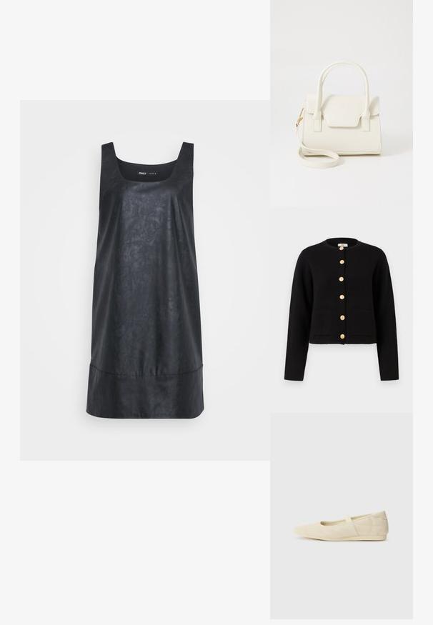 JDY JDYKIM - Chaqueta de punto - black; ONLY Tall ONLJOSIE DRESS - Vestido informal - black; Bailarinas beige con un exterior de cuero liso, punta en forma de almendra y una correa elástica en el empeine, con detalles de costura sutiles.; Bolso pequeño blanco con doble asa, solapa frontal y correa de hombro desmontable con cierre dorado sobre fondo blanco liso.
