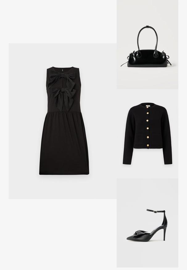 JDY JDYKIM - Gilet - black; Robe noire sans manches avec deux grands nœuds sur le devant. Fabriquée en tissu doux, avec un corsage ajusté et une jupe fluide.; Chaussure à talon noir avec bout pointu, accent de nœud en satin et bride de cheville réglable avec ferrures argentées. Texture en cuir lisse.; Petit sac à main noir brillant avec deux longues anses et des détails à cordon sur les côtés sur un fond clair uni.