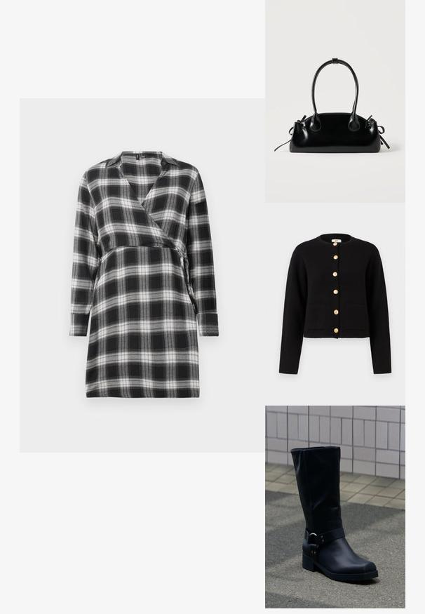 JDY JDYKIM - Chaqueta de punto - black; Vestido envolvente a cuadros en blanco y negro con mangas largas, escote en V y un lazo en la cintura. Tejido suave con un patrón de tartán en toda la prenda.; Bota negra de cuero hasta la mitad de la pantorrilla con un tacón bajo de bloque y una correa decorativa con hebilla metálica alrededor del tobillo, sobre un pavimento de baldosas.; Pequeño bolso negro brillante con dos asas largas y detalles de cordón lateral sobre un fondo claro liso.