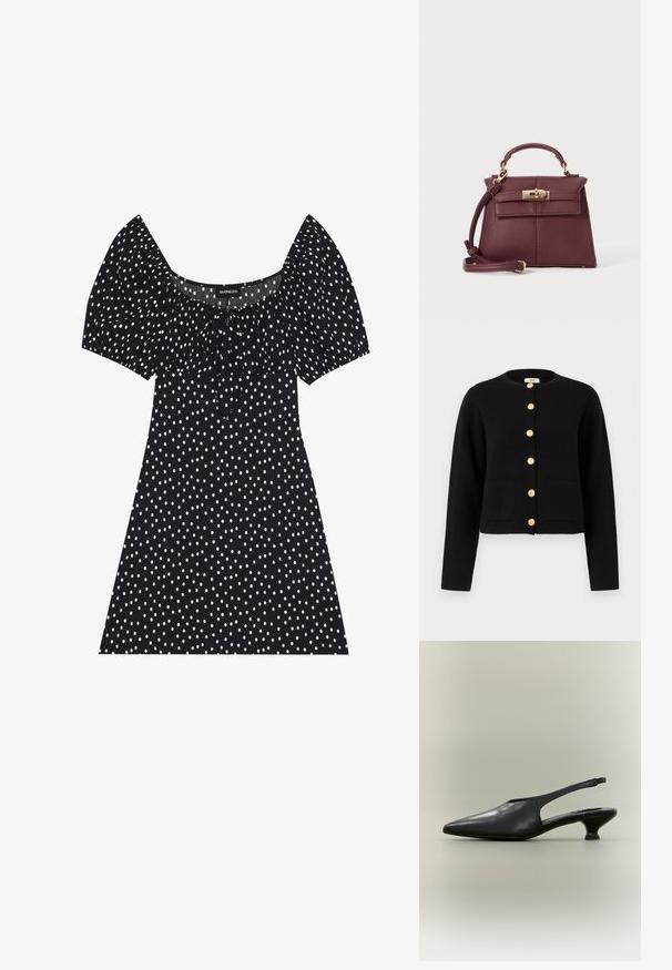 JDY JDYKIM - Chaqueta de punto - black; Vestido corto negro con lunares blancos irregulares, mangas abullonadas, escote cuadrado y detalle de lazo en el frente.; Zapato slingback de cuero negro con punta afilada y tacón bajo tipo kitten sobre fondo neutro.; Bolso de cuero burdeos con forma estructurada, correa desmontable, asa superior, herrajes dorados y cierre de clasp en la parte frontal.