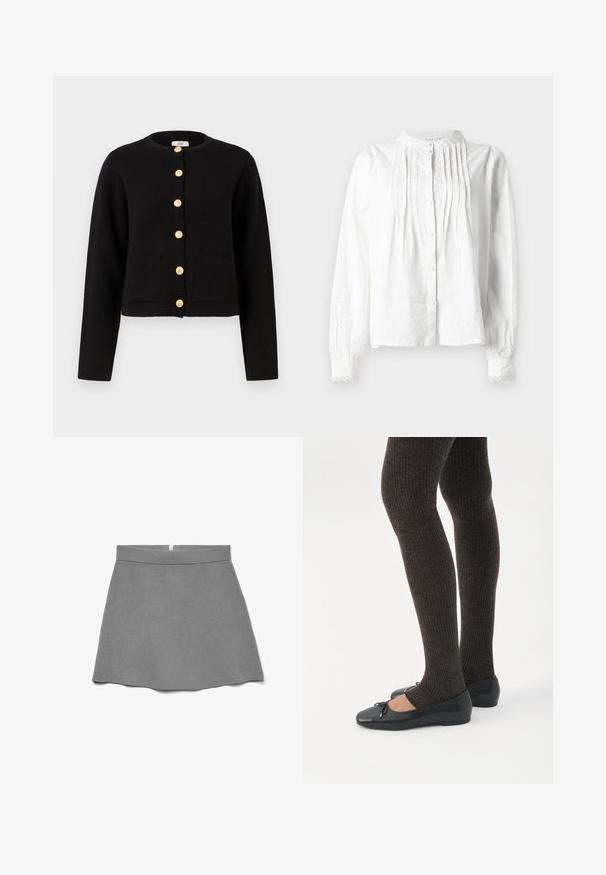 JDY JDYKIM - Cardigan - black; Hvid langærmet bluse med standkrave, lodrette plisseringer på forsiden, knaplukning og blonderkantede manchetter.; Grå nederdel lavet af blødt stof, med høj talje, vidde i skørtet og en skjult lynlås bagpå.; Ben iført mørke ribbede leggings kombineret med sorte balletsko med små sløjfedetaljer på hvid baggrund.