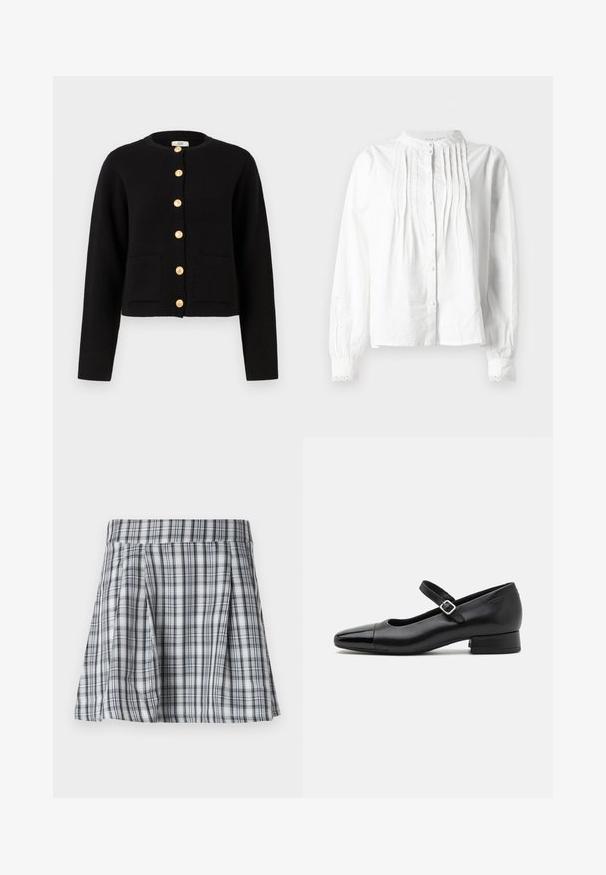 JDY JDYKIM - Cardigan - black; Hvid langærmet bluse med standkrave, lodrette plisseringer på forsiden, knaplukning og blonderkantede manchetter.; Ribet mini nederdel i grå og hvid med plisseringer og en talje. Fremstillet af letvægtigt stof med lodrette og vandrette striber.; Sorte læder Mary Jane-sko med en patenttå, justerbar ankelrem og lav blokhæl. Glat tekstur og strømlinet design.