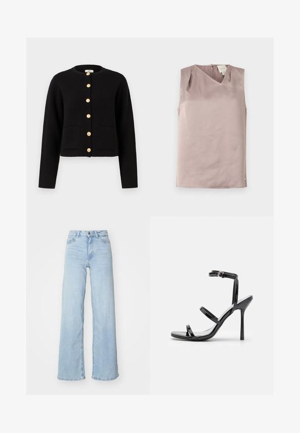 JDY JDYKIM - Cardigan - black; Ärmeløs lys mauve bluse med V-hals, knaplukning i ryggen og subtilt tekstureret stof, foldet fladt på en hvid baggrund.; Lysblå brede jeans lavet af denim. Har høj talje, frontlukning med knapper og to lommer. Glat tekstur med subtilt falmede områder.; Sorte patentlæder højhælede sandaler med tre horisontale stropper og en justerbar ankelstrop. Elegant silhuet og skinnende finish.