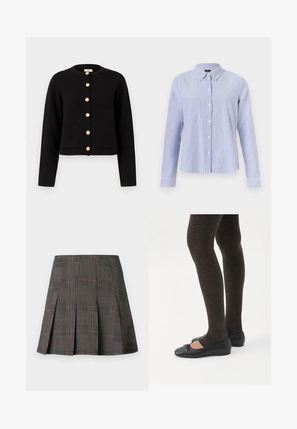 JDY JDYKIM - Chaqueta de punto - black; Camisa de manga larga con botones, con rayas verticales blancas y azul claro y cuello puntiagudo, mostrada sobre un fondo liso.; Falda de cuadros gris con pliegues, con intrincados patrones en blanco y negro, acentuados por delgadas líneas rojas. Está hecha de una tela estructurada.; Piernas con leggings oscuros acanalados combinados con bailarinas negras que presentan pequeños detalles de lazo sobre un fondo blanco.