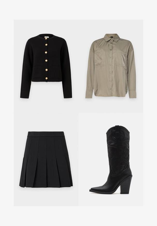 JDY JDYKIM - Chaqueta de punto - black; Camisa de color verde oliva, de manga larga, en una tela suave y ligera. Presenta un cierre de botones en el frente, cuello puntiagudo y dos bolsillos en el pecho.; Falda negra plisada hecha de un material liso. Cuenta con una cinturilla ancha y múltiples pliegues tipo cuchillo que se extienden verticalmente.; Simmi London DANIQUE - Botas de tacón - black