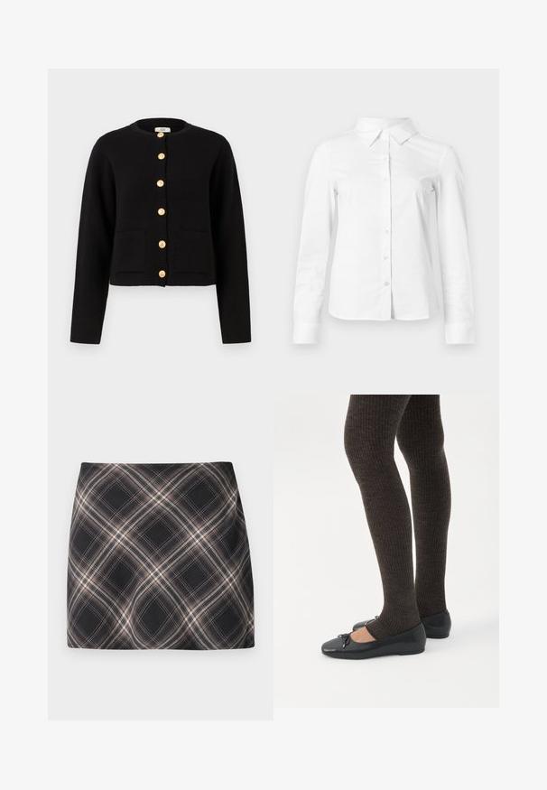 JDY JDYKIM - Vest - black; Witte blouse met lange mouwen en knopen, met puntige kraag, rechte zoom en aansluitende silhouet, weergegeven op een effen lichte achtergrond.; Zwart en beige geruite minirok met diagonaal geblokt patroon, aansluitende taille en een gladde stoftextuur.; Benen met donkere geribbelde leggings gecombineerd met zwarte ballerina's met kleine strikdetails op een witte achtergrond.