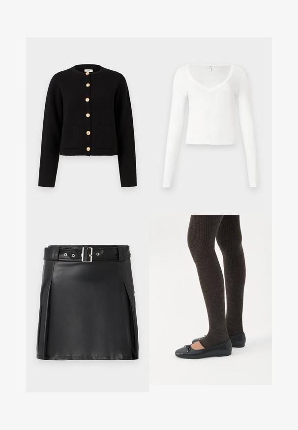 JDY JDYKIM - Gilet - black; Chemise blanche à manches longues, col en V, ajustée et courte, avec une texture de tissu simple et lisse sur un fond neutre.; Jupe mini en faux cuir noir avec un design ajusté, des plis latéraux et une ceinture avec une boucle argentée et des œillets. Texture lisse, taille haute.; Jambes portant des leggings côtelés foncés associés à des ballerines noires avec de petits détails en nœud sur fond blanc.