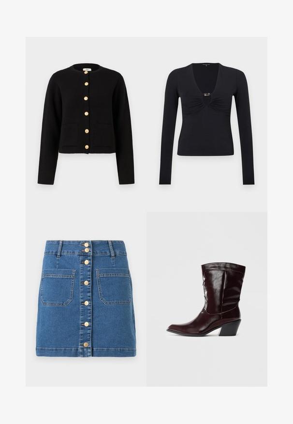 JDY JDYKIM - Strickjacke - black; Schwarzes, langärmliges Oberteil mit tiefem V-Ausschnitt, gerafftem Stoff an der Brust und einem vorderen Ausschnitt, der mit einem goldfarbenen Designelement versehen ist.; Blauer Denim-Minirock mit Knopfleiste vorne und zwei großen aufgesetzten Taschen, mit Gürtelschlaufen und kontrastierender Naht.; Bordeauxfarbene Leder-Stiefeletten mit spitzem Schnitt, strukturierten Oberflächen und einem schmalen, niedrigen Absatz. Verfügen über dezente Nähte und einen engen Sitz.