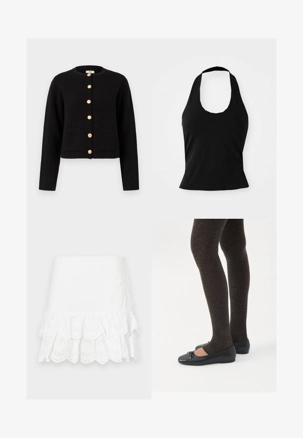 JDY JDYKIM - Chaqueta de punto - black; Top negro tipo halter hecho de una tela suave, con un escote redondeado y una silueta ajustada, con una textura lisa y sin patrones visibles.; Falda blanca de algodón con un diseño de volantes en capas y bordado de ojales en el dobladillo. Textura suave, por encima de la rodilla.; Piernas con leggings oscuros acanalados combinados con bailarinas negras que presentan pequeños detalles de lazo sobre un fondo blanco.