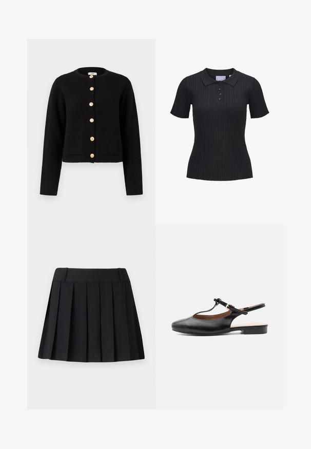 JDY JDYKIM - Gilet - black; Polo noir à manches courtes en maille côtelée avec quatre boutons et un col traditionnel.; Jupe plissée noire avec une taille sur mesure, fabriquée à partir d'un tissu léger. Présente des plis régulièrement espacés et un design simple et épuré.; Chaussure plate slingback en cuir noir avec bride en T et boucle dorée sur fond neutre.