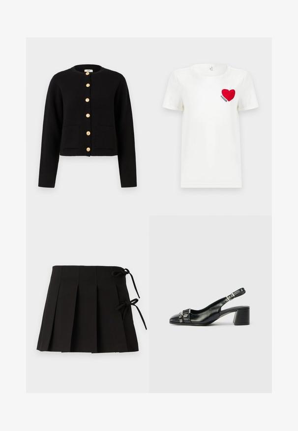 JDY JDYKIM - Gilet - black; T-shirt blanc à manches courtes avec un cœur rouge et le mot "AMOUR" imprimé sur la zone gauche de la poitrine.; Jupe plissée noire avec des liens sur les côtés, fabriquée dans un tissu à la texture lisse ; elle présente un design structuré et des lignes épurées.; Sandale à talon en cuir noir avec un bout pointu, une sangle texturée ornée d'accents métalliques circulaires et un talon empilé.