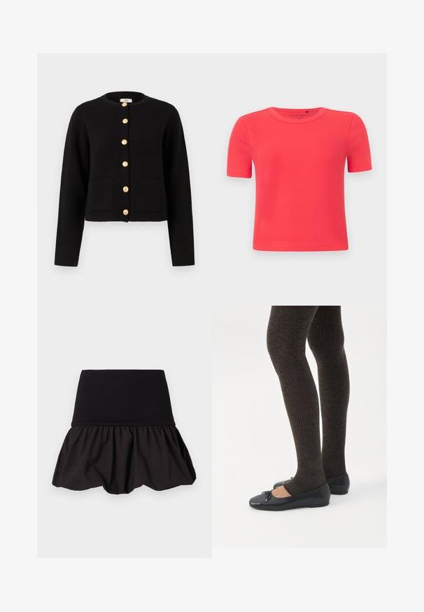 JDY JDYKIM - Vest - black; Korte mouwen, geribbeld T-shirt van zachte stof in een levendige koraalkleur. Voorzien van een ronde halslijn en een aansluitend silhouet.; Zwarte uitlopende rok met een geribde tailleband en geraffineerde textuur aan de zoom, gemaakt van lichtgewicht stof voor comfort en beweging.; Benen met donkere geribbelde leggings gecombineerd met zwarte ballerina's met kleine strikdetails op een witte achtergrond.