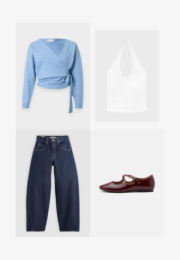 Cardigan bleu clair croisé en tissu doux, doté d'un col en V, de manches longues et d'un détail noué à la taille pour un ajustement personnalisé.; Haut blanc sans manches à encolure américaine, avec un profond col rond et une taille cintrée, présenté sur un fond clair et uni.; Jean en denim bleu foncé, à coupe ample, avec des coutures claires, cinq poches et un bouton de fermeture à la taille.; Chaussure plate Mary Jane bordeaux brillante avec bride en T et boucle dorée sur un fond clair uni.