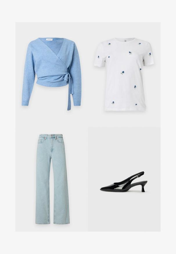 Cardigan bleu clair croisé en tissu doux, doté d'un col en V, de manches longues et d'un détail noué à la taille pour un ajustement personnalisé.; T-shirt blanc à manches courtes avec une petite broderie dispersée de fleurs bleues et de tiges vertes, col rond, fond uni.; Jean en denim bleu clair taille haute avec jambes larges, fermeture avant par bouton et fermeture éclair, passants de ceinture et design à cinq poches.; Escarpins en cuir verni noir avec un bout pointu et un petit talon carré. Sangle réglable à la cheville avec boucle.