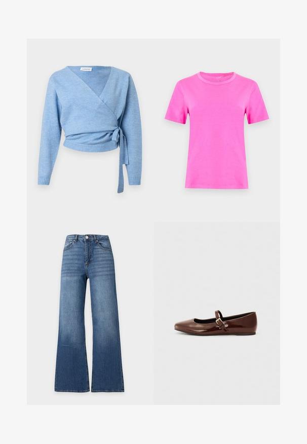 Cardigan bleu clair croisé en tissu doux, doté d'un col en V, de manches longues et d'un détail noué à la taille pour un ajustement personnalisé.; T-shirt rose vif à manches courtes et col rond, présenté de face sur un fond gris clair uni.; Jean en denim bleu taille haute avec jambes larges, bouton sur le devant, fermeture éclair et design classique cinq poches sur un fond clair uni.; Ballerine en cuir verni marron avec un bout carré et une lanière ornée d'une petite boucle dorée. Texture lisse, talon bas et design minimaliste.