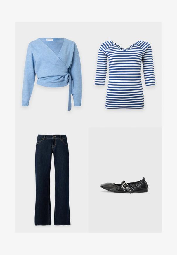 Cardigan bleu clair croisé en tissu doux, doté d'un col en V, de manches longues et d'un détail noué à la taille pour un ajustement personnalisé.; Chemise à manches longues rayée bleu et blanc avec col en V et coupe ajustée.; Jean en denim bleu foncé avec une coupe droite, poches avant, passants de ceinture et fermeture par bouton sur un fond uni.; Chaussure plate en cuir noir avec un nez pointu, des détails froncés autour de l'ouverture et un accent en boucle argentée sur la bride ajustable.