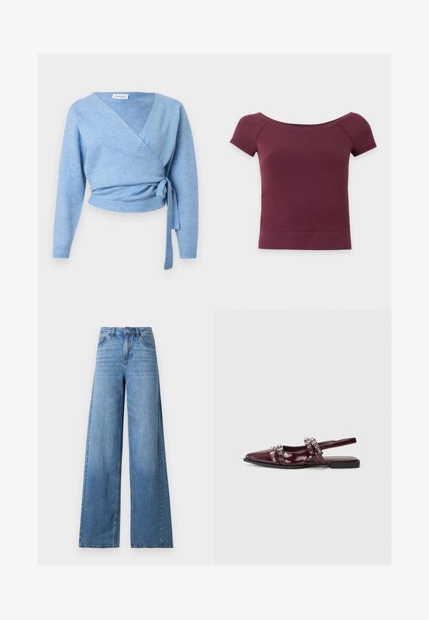 Cardigan bleu clair croisé en tissu doux, doté d'un col en V, de manches longues et d'un détail noué à la taille pour un ajustement personnalisé.; Top court à manches courtes, épaules dénudées, en tissu uni bordeaux foncé avec ourlet et encolure côtelés.; Jean large taille haute bleu clair avec bouton et fermeture éclair à l'avant, poches avant et arrière, et légère décoloration sur les cuisses.; Chaussure plate slingback en cuir verni bordeaux avec un bout pointu, présentant des lanières décoratives avec des accents métalliques.