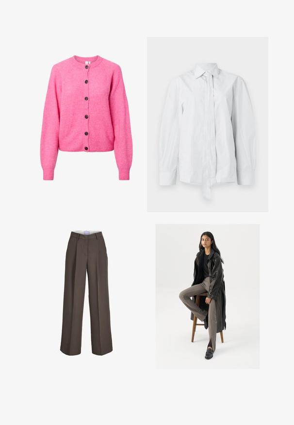 Suéter de punto de color rosa brillante con mangas largas, cuello redondo, puños y dobladillo acanalados, y seis botones oscuros en la parte delantera.; Camisa blanca de manga larga con un cuello clásico y un lazo alargado en la parte delantera. Hecha de una tela suave, presenta un corte relajado y sin estampados.; Pantalones marrones de pierna ancha con trabillas, pliegues delanteros y cierre frontal oculto.; Abrigo de trench de cuero negro con botones y detalle de cinturón, combinado con pantalones ajustados de color marrón claro y mocasines negros, sentado en un taburete de madera.
