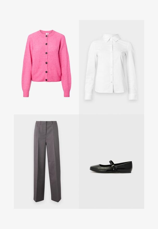 Cardigan tricoté rose vif avec des manches longues, un col rond, des poignets et un ourlet côtelés, et six boutons sombres sur le devant.; Chemise blanche à manches longues avec boutons, col pointu, ourlet droit et silhouette ajustée, présentée sur un fond clair uni.; Pantalon tailleur gris en tissu texturé, avec une coupe droite, un devant plat et des passants de ceinture.; Ballerines en cuir noir avec un bout arrondi, une semelle plate et une fine sangle ajustable sur le cou-de-pied avec une boucle en métal.