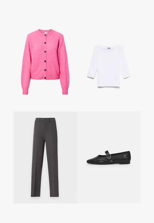 Suéter de punto de color rosa brillante con mangas largas, cuello redondo, puños y dobladillo acanalados, y seis botones oscuros en la parte delantera.; Camisa blanca de manga tres cuartos hecha de una mezcla de algodón; presenta un amplio escote barco y una textura suave y ligera.; Pantalones de corte recto a medida de color gris oscuro con pliegue frontal, cierre de botón y trabillas para cinturón sobre fondo liso.; Zapato plano de cuero negro con punta redondeada, una sola correa ajustable con hebilla y una textura suave y brillante. Diseño minimalista con un tacón bajo.